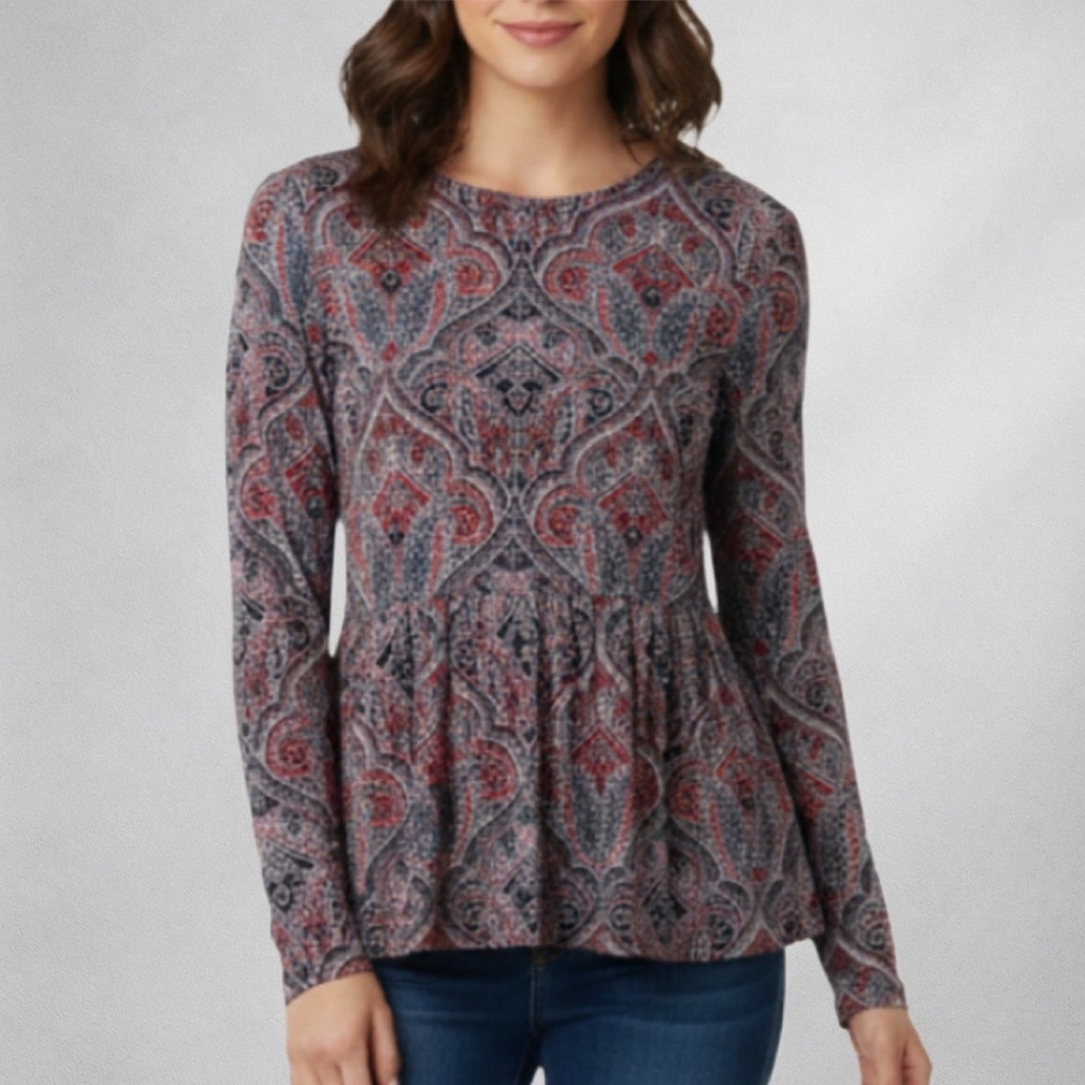 J. Jill Wearever Paisley Peplum Top Women S Red Black Long Sleeve